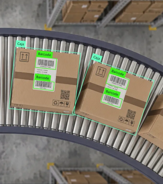 Cajas en una cinta transportadora con códigos de barras detectados por visión artificial